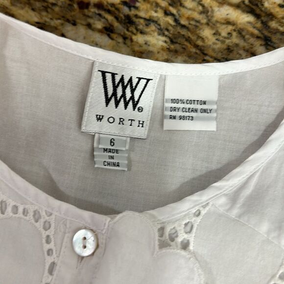 Worth Cotton Sleeveless Ruffle Front Eyelet Button Down Shirt Size 6 - Picture 4 of 7